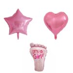 Set 3 Baloane din Folie Metalizata, Embo, Figurine Picior 46x79 cm, Inima 45 cm, Stea 45cm, Model It's a Girl, Tema Gender Reveal, Ambalaj Individual, Pai Inclus, Umflare cu Aer sau Heliu, Roz