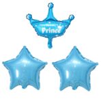 Set 3 Baloane din Folie Metalizata, Embo, Figurine Coroana si Stea, Model Aniversare, 40 cm, Ambalaj Individual, Pai Inclus, Umflare cu Aer sau Heliu, Albastru