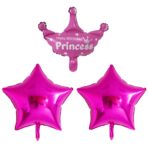 Set 3 Baloane din Folie Metalizata, Embo, Figurine Coroana si Stea, Model Aniversare, 40 cm, Ambalaj Individual, Pai Inclus, Umflare cu Aer sau Heliu, Roz