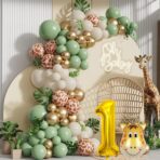 Set 30 Baloane Folie si Latex, Embo, Tematica Prima Aniversare, Baloane Latex 30cm, 25cm, Figurina Girafa 32x34 cm, Frunza Palmier 15 cm, Cifra 1 76 cm, Multicolor - imagine 3