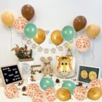 Set 30 Baloane Folie si Latex, Embo, Tematica Prima Aniversare, Baloane Latex 30cm, 25cm, Figurina Girafa 32x34 cm, Frunza Palmier 15 cm, Cifra 1 76 cm, Multicolor - imagine 4