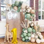 Set 30 Baloane Folie si Latex, Embo, Tematica Prima Aniversare, Baloane Latex 30cm, 25cm, Figurina Girafa 32x34 cm, Frunza Palmier 15 cm, Cifra 1 76 cm, Multicolor - imagine 5