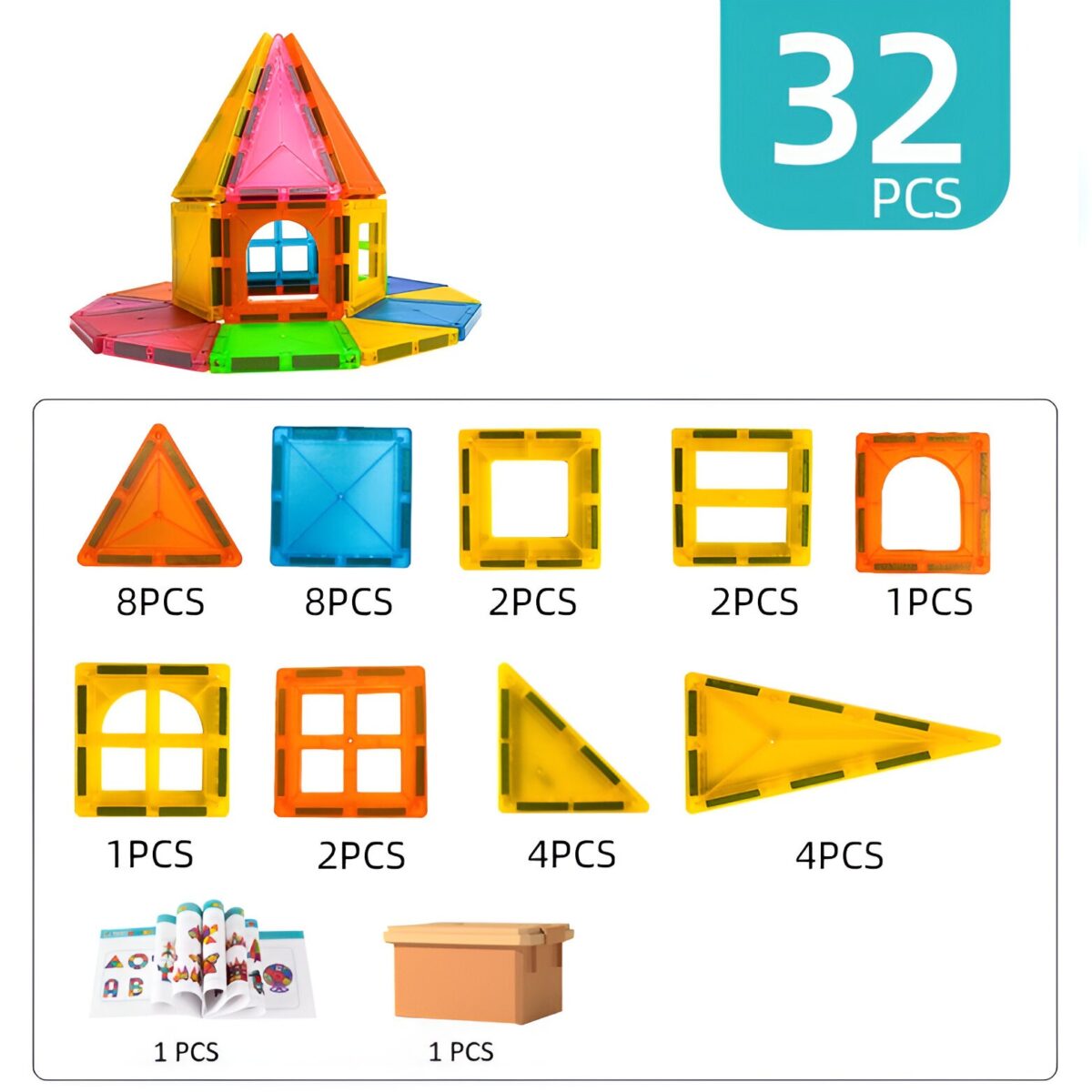 Set 32 Piese Magnetice de Constructie, Embo, Piese 5.5 cm, Magnetic Tiles, Forme Geometrice, 3 Ani, ABS, Magnet, 20.5 x 14.5 x 12 cm, Multicolor - imagine 5
