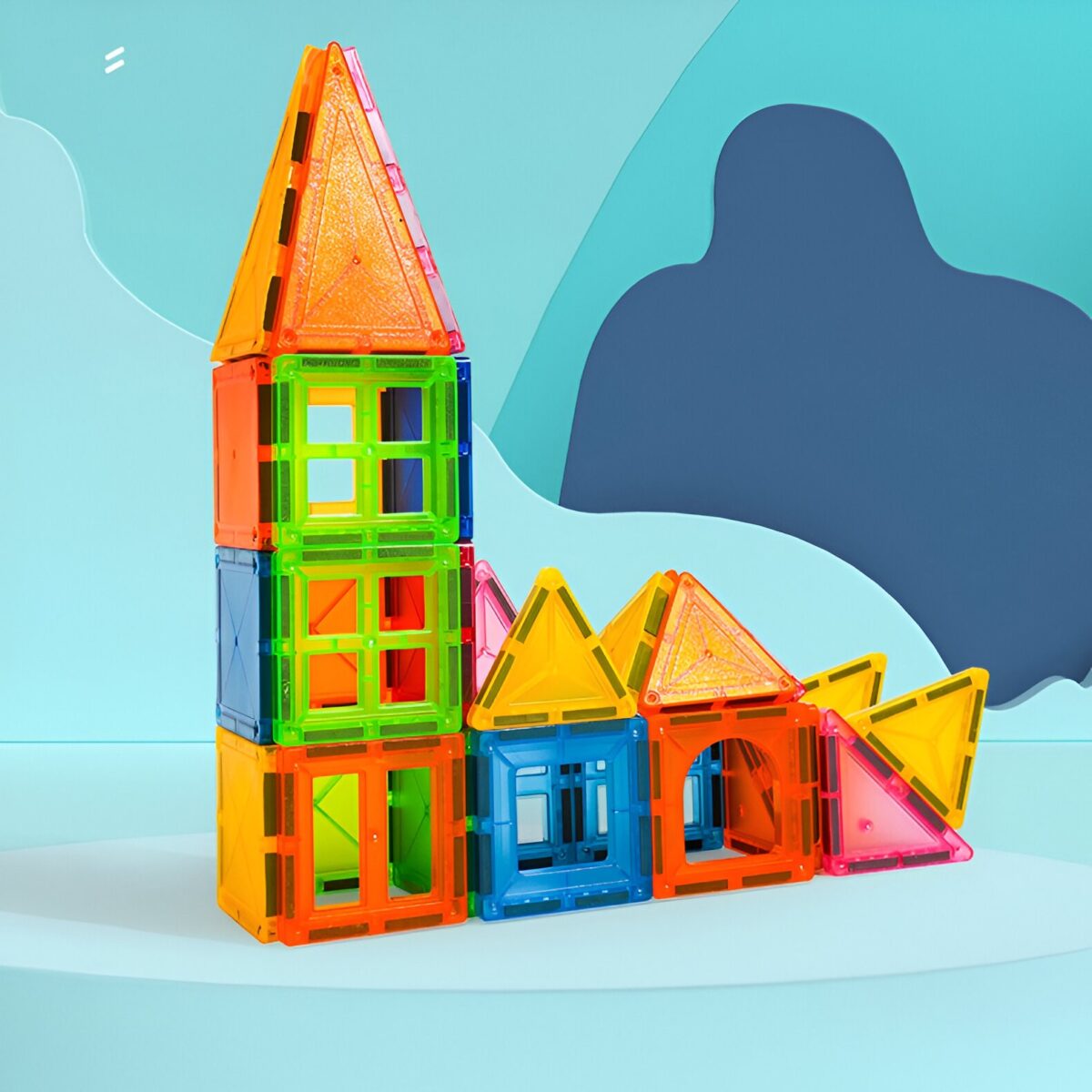 Set 32 Piese Magnetice de Constructie, Embo, Piese 5.5 cm, Magnetic Tiles, Forme Geometrice, 3 Ani, ABS, Magnet, 20.5 x 14.5 x 12 cm, Multicolor - imagine 9