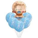 Set baloane pentru fetite, Embo, FIRST ANIVERSARY, 5 latex 1 Birthday, 1 balon folie din aluminu baby boy, 71 cm, Albastru