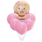 Set baloane pentru fetite, Embo, FIRST ANYVERSARY, 5 latex 1 Birthday, 1 balon folie din aluminu baby girl, 71 cm, Roz