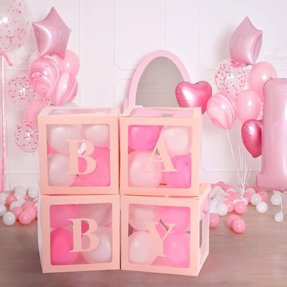 Set 4 Cutii pentru Baloane, Embo, Model Scris Baby, Tematica Iubire, Cuburi Decorative din Plastic, Accesorii pentru Petrecere, 30 x30 cm, Transparente Contur Roz - imagine 2