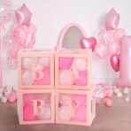 Set 4 Cutii pentru Baloane, Embo, Model Scris Baby, Tematica Iubire, Cuburi Decorative din Plastic, Accesorii pentru Petrecere, 30 x30 cm, Transparente Contur Roz - imagine 2