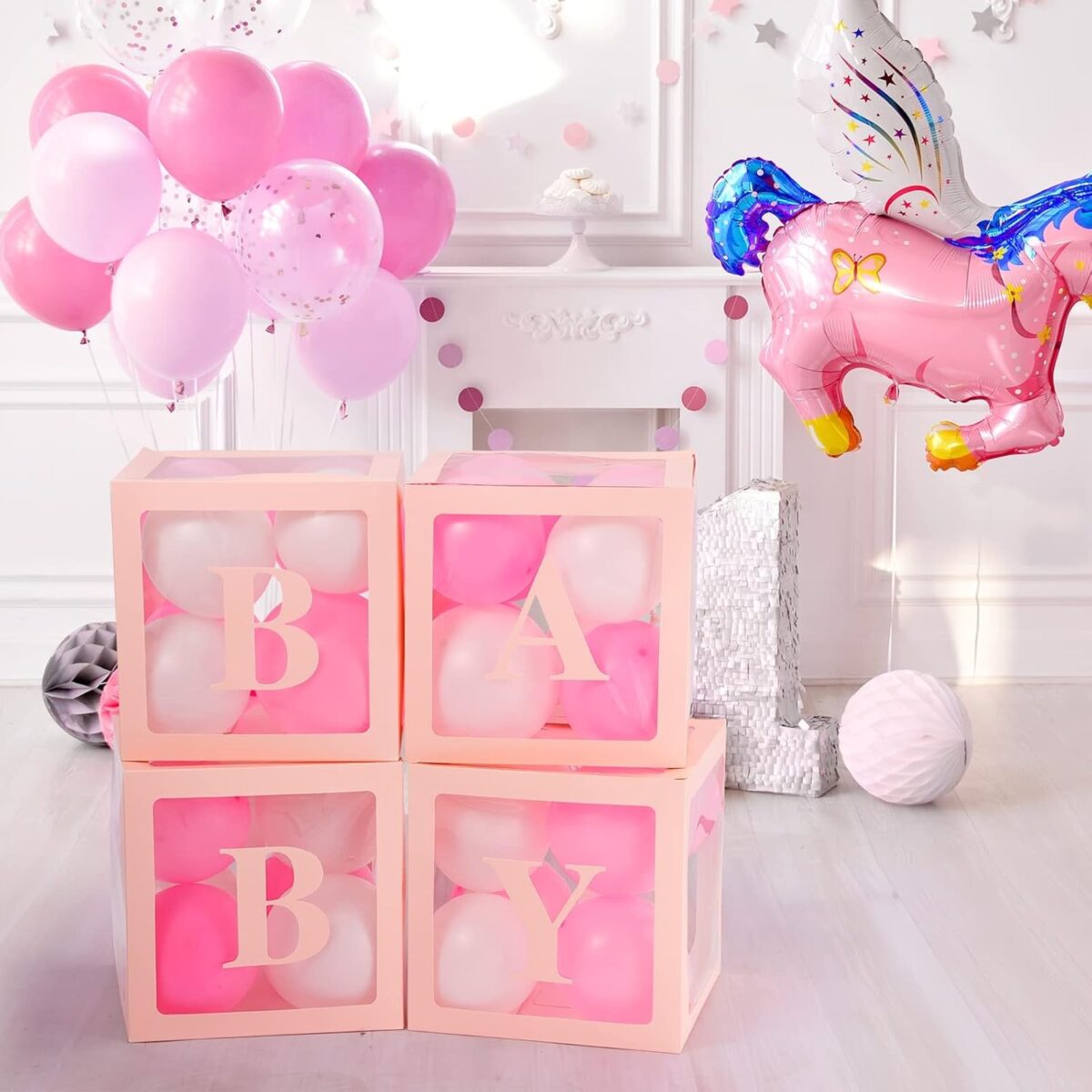 Set 4 Cutii pentru Baloane, Embo, Model Scris Baby, Tematica Iubire, Cuburi Decorative din Plastic, Accesorii pentru Petrecere, 30 x30 cm, Transparente Contur Roz - imagine 4