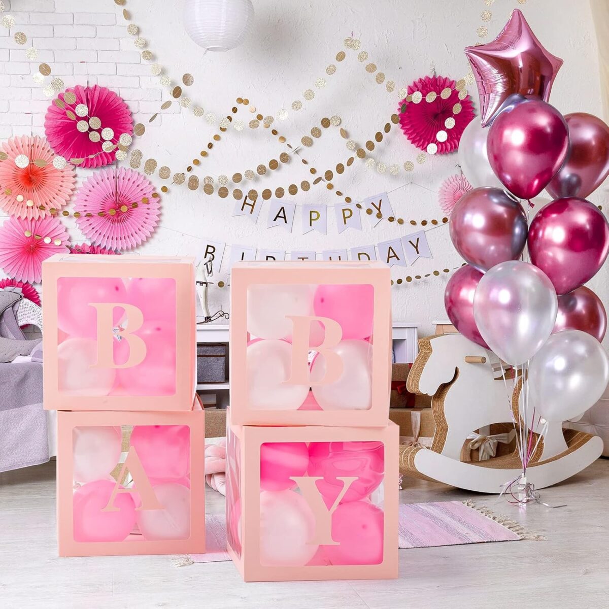 Set 4 Cutii pentru Baloane, Embo, Model Scris Baby, Tematica Iubire, Cuburi Decorative din Plastic, Accesorii pentru Petrecere, 30 x30 cm, Transparente Contur Roz - imagine 5
