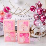 Set 4 Cutii pentru Baloane, Embo, Model Scris Baby, Tematica Iubire, Cuburi Decorative din Plastic, Accesorii pentru Petrecere, 30 x30 cm, Transparente Contur Roz - imagine 5
