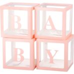 Set 4 Cutii pentru Baloane, Embo, Model Scris Baby, Tematica Iubire, Cuburi Decorative din Plastic, Accesorii pentru Petrecere, 30 x30 cm, Transparente Contur Roz