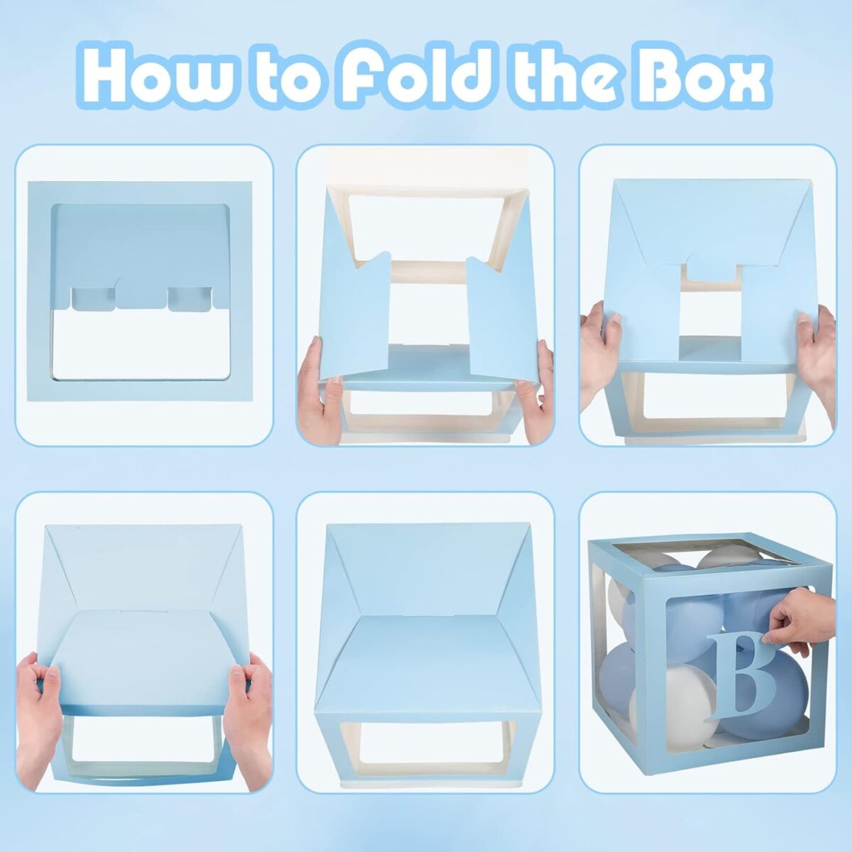 Set 4 Cutii pentru Baloane, Embo, Model Scris Baby, Tematica Iubire, Cuburi Decorative din Plastic, Accesorii pentru Petrecere, 30 x30 cm, Transparente Contur Albastru - imagine 3