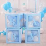 Set 4 Cutii pentru Baloane, Embo, Model Scris Baby, Tematica Iubire, Cuburi Decorative din Plastic, Accesorii pentru Petrecere, 30 x30 cm, Transparente Contur Albastru - imagine 4