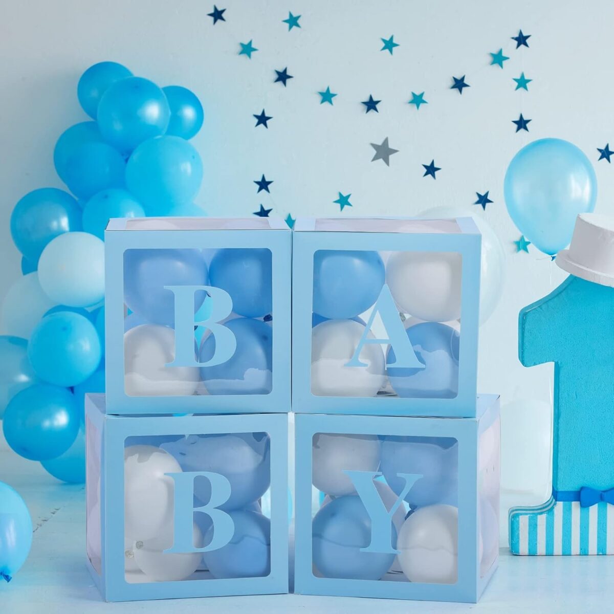 Set 4 Cutii pentru Baloane, Embo, Model Scris Baby, Tematica Iubire, Cuburi Decorative din Plastic, Accesorii pentru Petrecere, 30 x30 cm, Transparente Contur Albastru - imagine 5