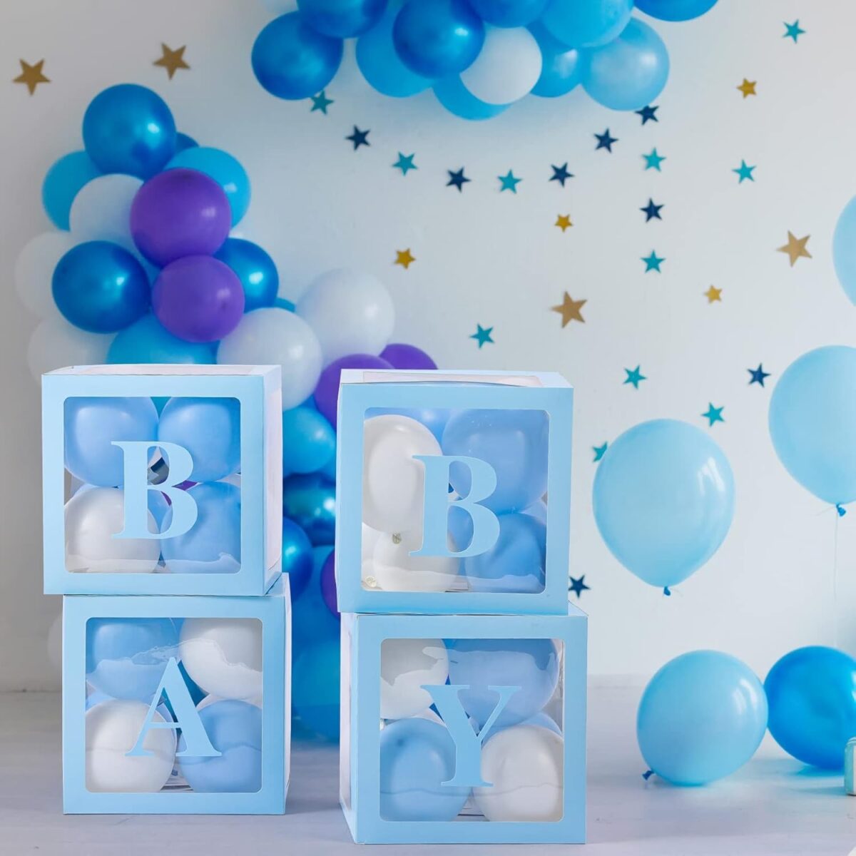 Set 4 Cutii pentru Baloane, Embo, Model Scris Baby, Tematica Iubire, Cuburi Decorative din Plastic, Accesorii pentru Petrecere, 30 x30 cm, Transparente Contur Albastru - imagine 6
