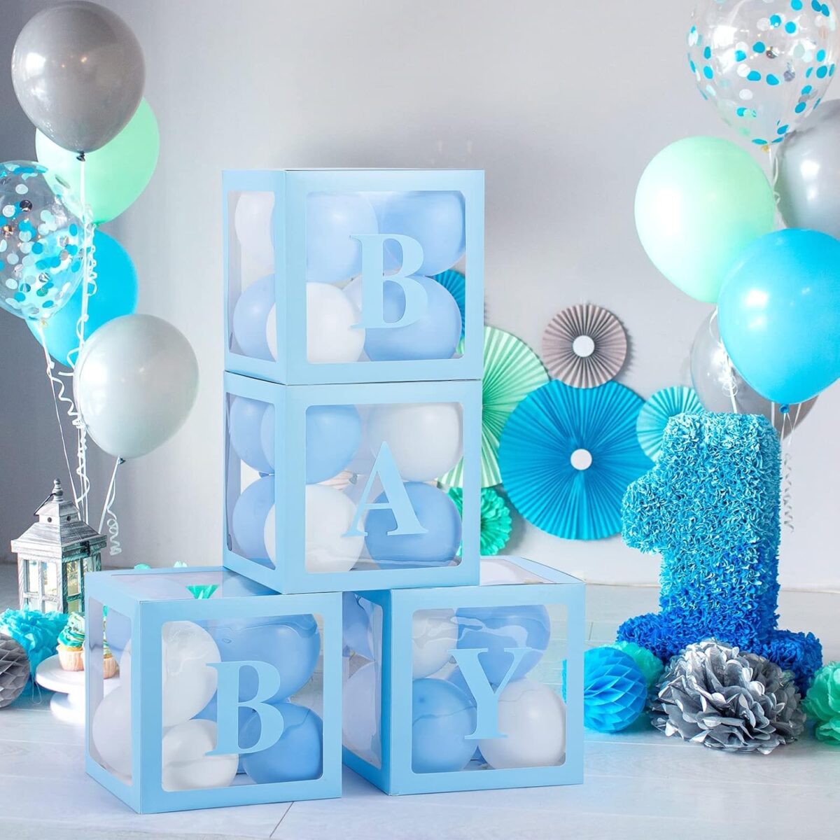 Set 4 Cutii pentru Baloane, Embo, Model Scris Baby, Tematica Iubire, Cuburi Decorative din Plastic, Accesorii pentru Petrecere, 30 x30 cm, Transparente Contur Albastru - imagine 7
