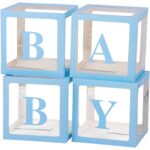 Set 4 Cutii pentru Baloane, Embo, Model Scris Baby, Tematica Iubire, Cuburi Decorative din Plastic, Accesorii pentru Petrecere, 30 x30 cm, Transparente Contur Albastru