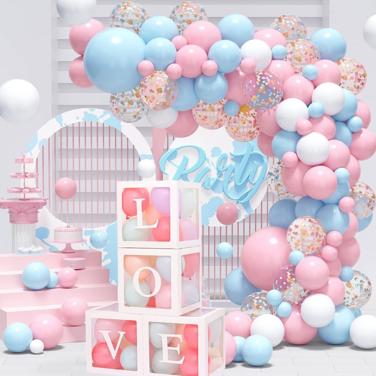 Set 4 Cutii pentru Baloane, Embo, Model Scris Love, Tematica Iubire, Cuburi Decorative din Plastic, Accesorii pentru Petrecere, 30 x30 cm, Transparente Contur Alb - imagine 3