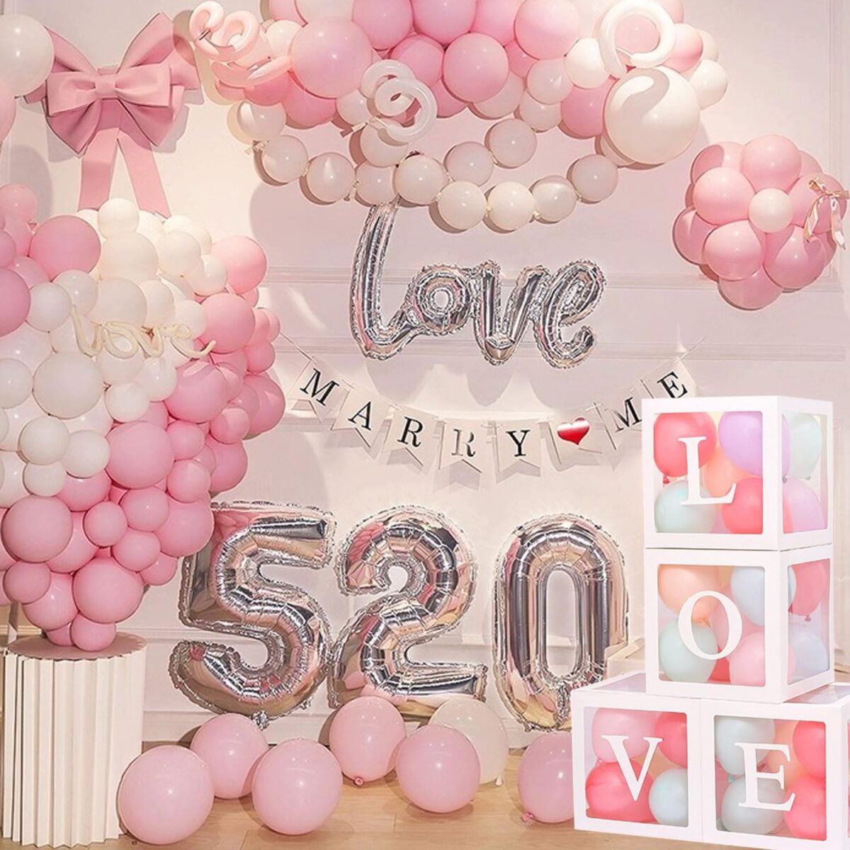 Set 4 Cutii pentru Baloane, Embo, Model Scris Love, Tematica Iubire, Cuburi Decorative din Plastic, Accesorii pentru Petrecere, 30 x30 cm, Transparente Contur Alb - imagine 4