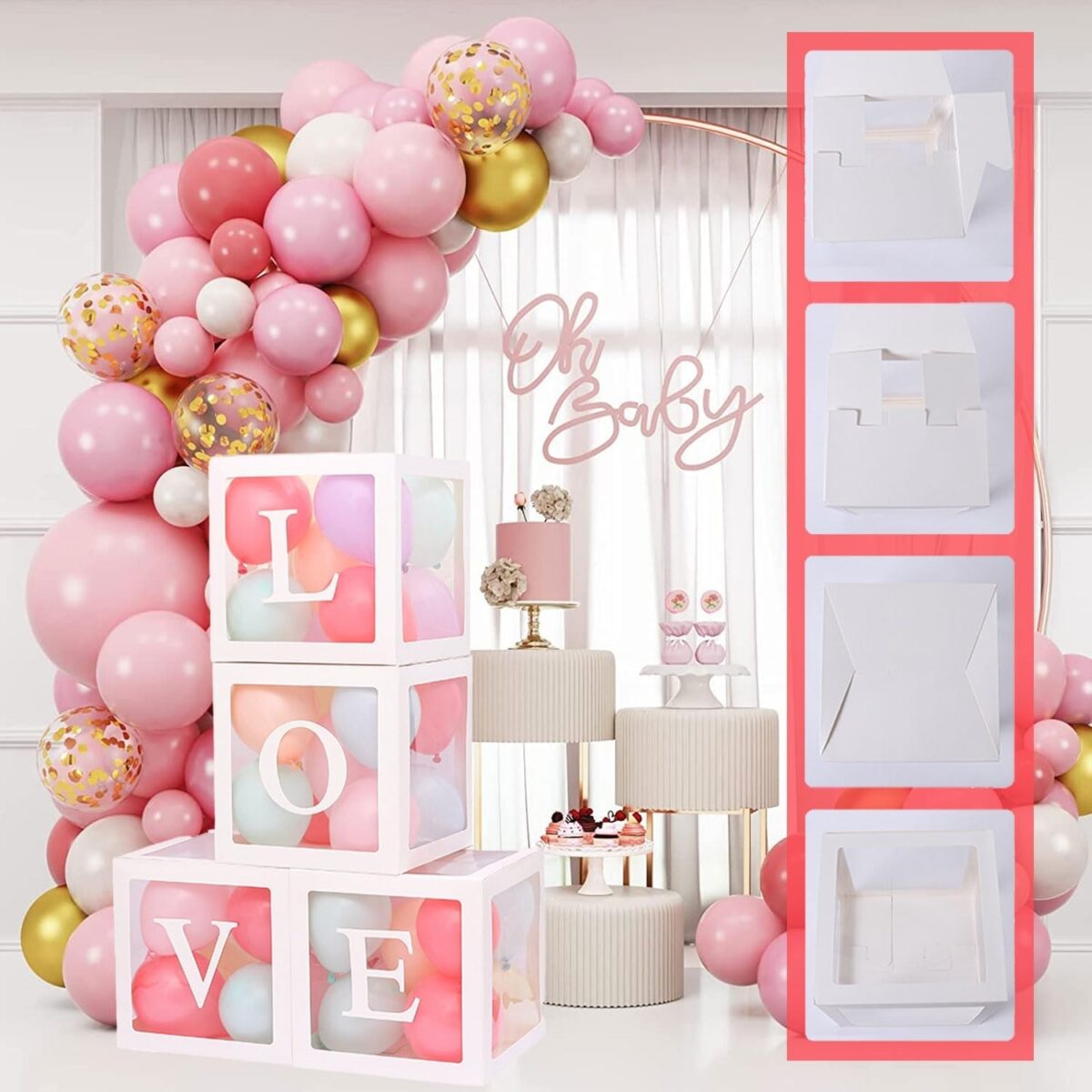 Set 4 Cutii pentru Baloane, Embo, Model Scris Love, Tematica Iubire, Cuburi Decorative din Plastic, Accesorii pentru Petrecere, 30 x30 cm, Transparente Contur Alb - imagine 5