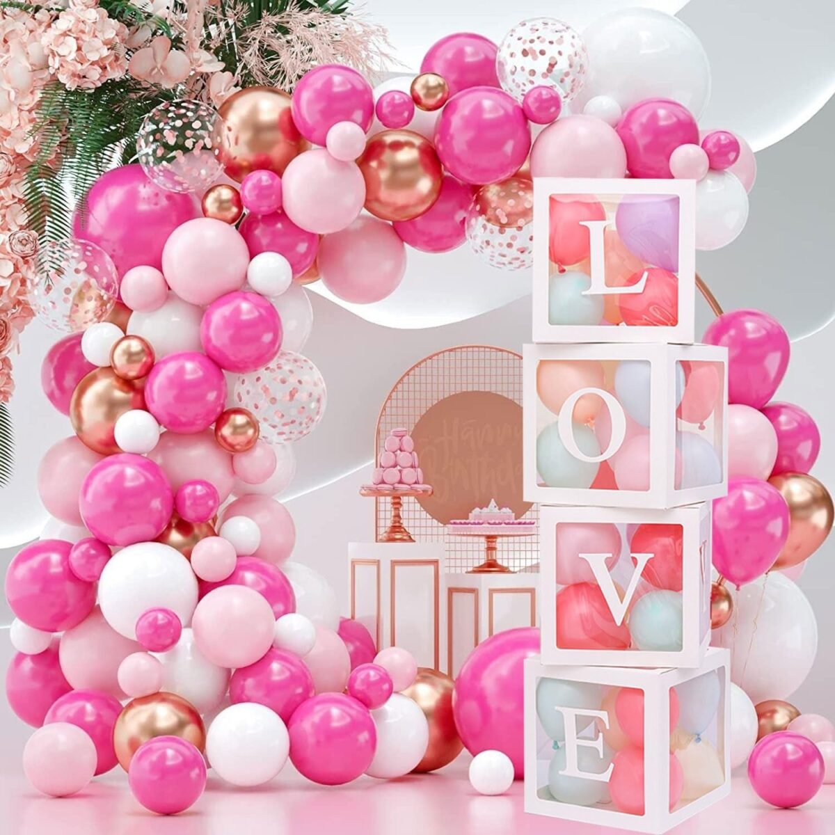 Set 4 Cutii pentru Baloane, Embo, Model Scris Love, Tematica Iubire, Cuburi Decorative din Plastic, Accesorii pentru Petrecere, 30 x30 cm, Transparente Contur Alb - imagine 6