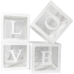 Set 4 Cutii pentru Baloane, Embo, Model Scris Love, Tematica Iubire, Cuburi Decorative din Plastic, Accesorii pentru Petrecere, 30 x30 cm, Transparente Contur Alb