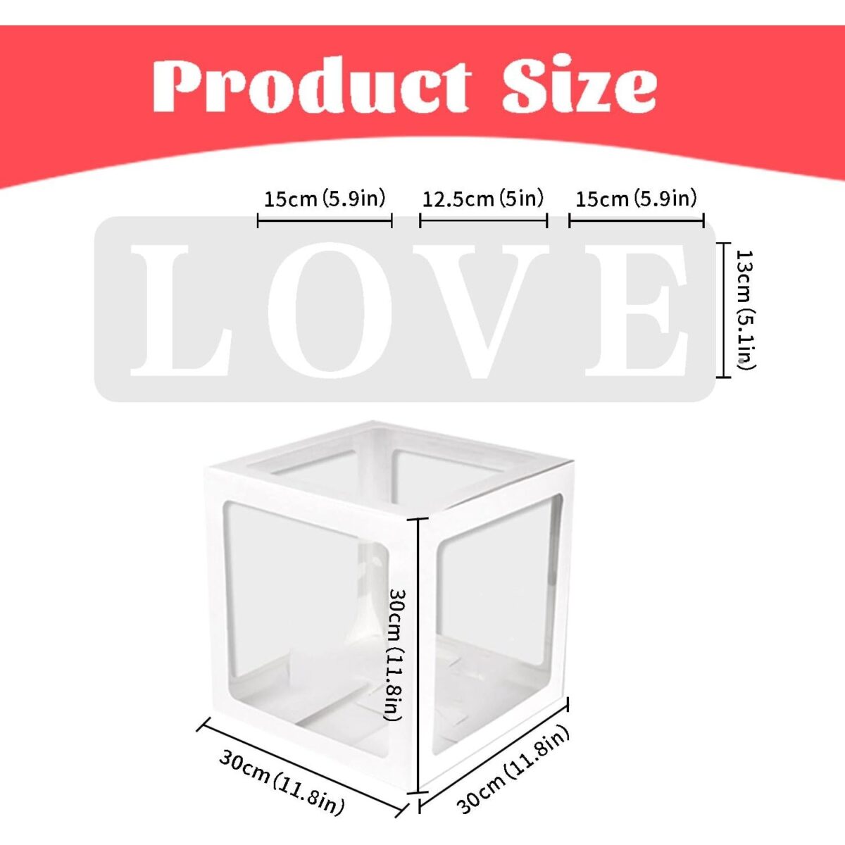 Set 4 Cutii pentru Baloane, Embo, Model Scris Love, Tematica Iubire, Cuburi Decorative din Plastic, Accesorii pentru Petrecere, 30 x30 cm, Transparente Contur Alb - imagine 10