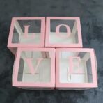Set 4 Cutii pentru Baloane, Embo, Model Scris Love, Tematica Iubire, Cuburi Decorative din Plastic, Accesorii pentru Petrecere, 30 x30 cm, Transparente Contur Roz - imagine 2