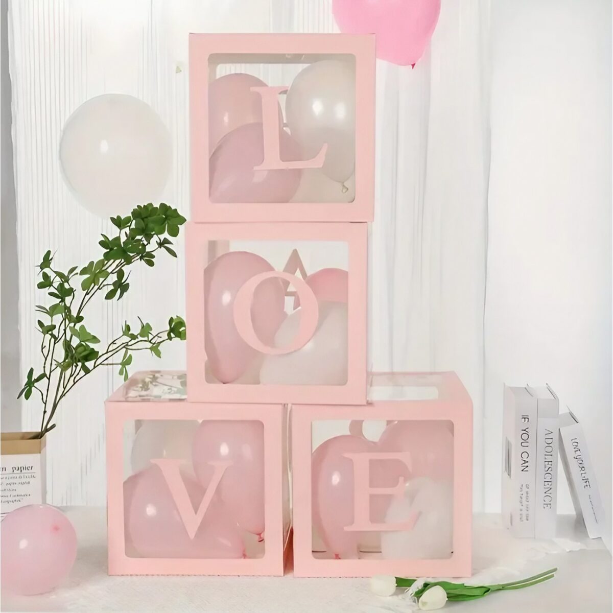 Set 4 Cutii pentru Baloane, Embo, Model Scris Love, Tematica Iubire, Cuburi Decorative din Plastic, Accesorii pentru Petrecere, 30 x30 cm, Transparente Contur Roz - imagine 6