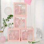 Set 4 Cutii pentru Baloane, Embo, Model Scris Love, Tematica Iubire, Cuburi Decorative din Plastic, Accesorii pentru Petrecere, 30 x30 cm, Transparente Contur Roz - imagine 6