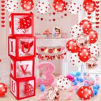 Set 4 Cutii pentru Baloane, Embo, Model Scris Love, Tematica Iubire, Cuburi Decorative din Plastic, Accesorii pentru Petrecere, 30x30 cm, Transparente Contur Rosu - imagine 3