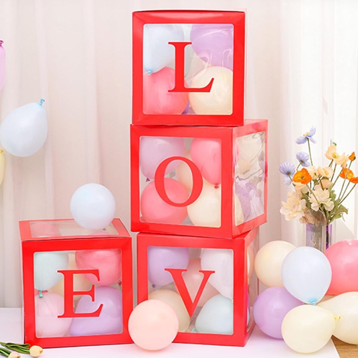 Set 4 Cutii pentru Baloane, Embo, Model Scris Love, Tematica Iubire, Cuburi Decorative din Plastic, Accesorii pentru Petrecere, 30x30 cm, Transparente Contur Rosu - imagine 5