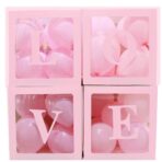 Set 4 Cutii pentru Baloane, Embo, Model Scris Love, Tematica Iubire, Cuburi Decorative din Plastic, Accesorii pentru Petrecere, 30 x30 cm, Transparente Contur Roz