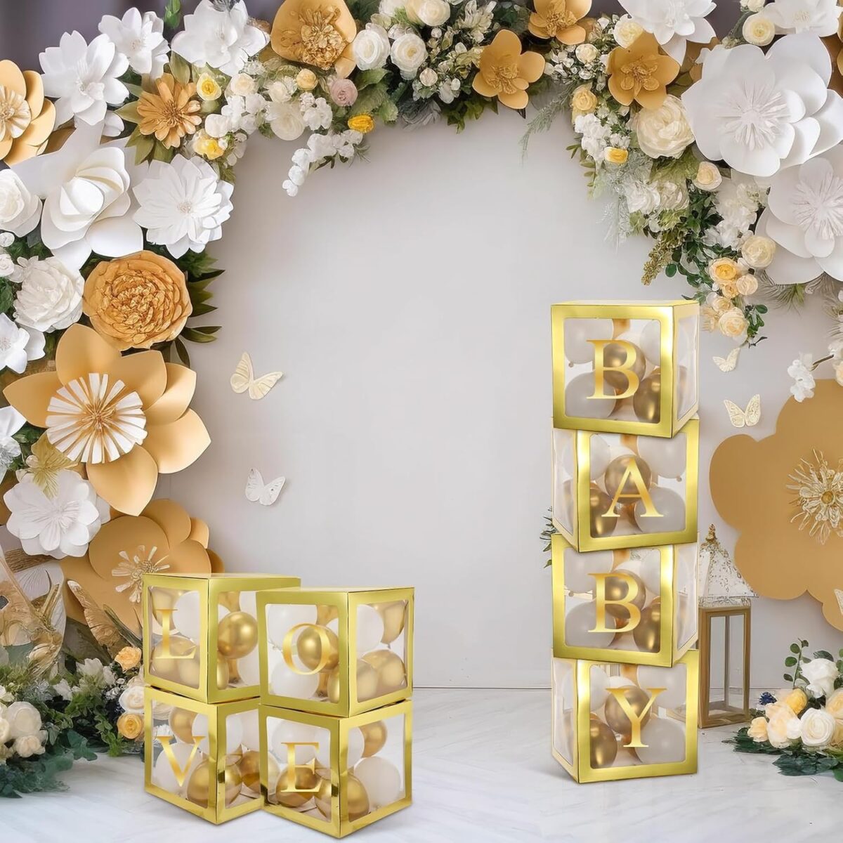 Set 4 Cutii pentru Baloane, Embo, Model Simplu, Tematica Aniversare, Cuburi Decorative din Plastic, Accesorii pentru Petrecere, 30 x30 cm, Transparente Contur Auriu - imagine 9