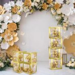 Set 4 Cutii pentru Baloane, Embo, Model Simplu, Tematica Aniversare, Cuburi Decorative din Plastic, Accesorii pentru Petrecere, 30 x30 cm, Transparente Contur Auriu - imagine 9