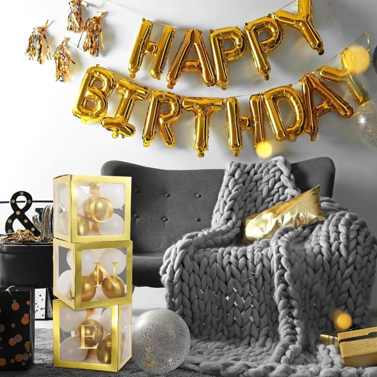 Set 4 Cutii pentru Baloane, Embo, Model Simplu, Tematica Aniversare, Cuburi Decorative din Plastic, Accesorii pentru Petrecere, 30 x30 cm, Transparente Contur Auriu - imagine 10