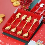 Set 4 Lingurite, Embo, Tema Craciun, din Otel Inoxidabil, 4 Modele Festive, Cutie Cadou, 14 x 14 x 2.5 cm, Auriu - imagine 4