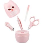 Set 4 Piese Ingrijire Unghii Bebelusi, Embo, din ABS+Otel Inoxidabil, Cutie de Depozitare Tip Bufnita, de la 0 Luni, 11.5 x 5 x 11.5 cm, Roz