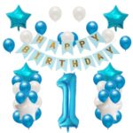 Set Baloane Aniversare HAPPY BIRTHDAY, Embo, set din 42 bucati, 1 bucata cifra mare, 4 stele din folie aluminiu, 37 simple din latex, Baby Boy, 60 cm Albastru