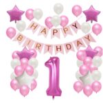 Set Baloane Aniversare HAPPY BIRTHDAY, Embo, set din 42 bucati, 1 bucata cifra mare, 4 stele din folie aluminiu, 37 simple din latex, Baby Girl, 60 cm Roz