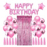 Set 47 baloane, 10 ciucuri, 2 baloane stea folie, 6 baloane latex confetti, 6 baloane galbene latex, 8 baloane negre latex, 1 Perdea Praty Folie, Litere Happy Birthday, Roz