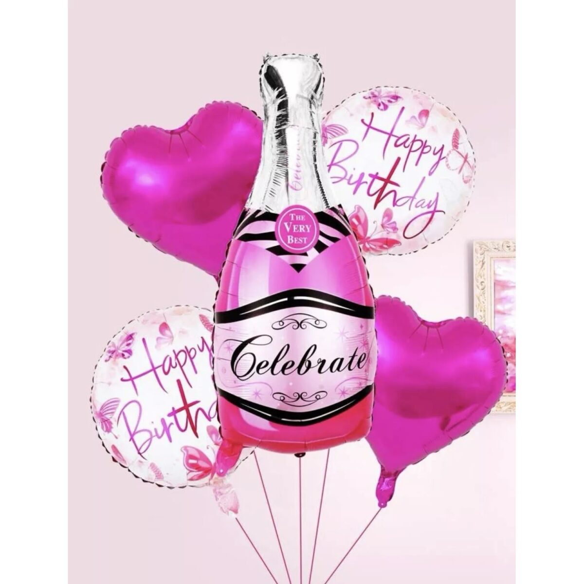 Set 5 Baloane din Folie Metalizata, Embo, Figurine Sticla de Sampanie, Model Inimi, Tema Aniversare, Pai Inclus, Ambalaj Individual, Umflare cu Aer sau Heliu, Multicolor - imagine 2