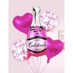 Set 5 Baloane din Folie Metalizata, Embo, Figurine Sticla de Sampanie, Model Inimi, Tema Aniversare, Pai Inclus, Ambalaj Individual, Umflare cu Aer sau Heliu, Multicolor - imagine 2