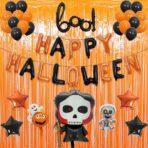 Set 5 Baloane din Folie Metalizata, Embo, Figurine, Tema Halloween, Pai Inclus, Ambalaj Individual, Umflare cu Aer sau Heliu, Figurina Craniu 50.5x74 cm, Stelute si Cerculete 45 cm, Alb-Negru - imagine 5