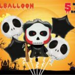 Set 5 Baloane din Folie Metalizata, Embo, Figurine, Tema Halloween, Pai Inclus, Ambalaj Individual, Umflare cu Aer sau Heliu, Figurina Craniu 50.5x74 cm, Stelute si Cerculete 45 cm, Alb-Negru - imagine 6