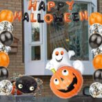 Set 5 Baloane din Folie Metalizata, Embo, Figurine, Tema Halloween, Pai Inclus, Ambalaj Individual, Umflare cu Aer sau Heliu, Figurina Dovleac cu Fantoma 64x80 cm, Stelute si Cerculete 45 cm, Multicolor - imagine 4
