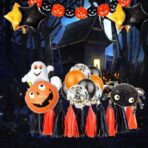 Set 5 Baloane din Folie Metalizata, Embo, Figurine, Tema Halloween, Pai Inclus, Ambalaj Individual, Umflare cu Aer sau Heliu, Figurina Dovleac cu Fantoma 64x80 cm, Stelute si Cerculete 45 cm, Multicolor - imagine 5