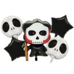 Set 5 Baloane din Folie Metalizata, Embo, Figurine, Tema Halloween, Pai Inclus, Ambalaj Individual, Umflare cu Aer sau Heliu, Figurina Craniu 50.5x74 cm, Stelute si Cerculete 45 cm, Alb-Negru