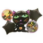 Set 5 Baloane din Folie Metalizata, Embo, Figurine, Tema Halloween, Pai Inclus, Ambalaj Individual, Umflare cu Aer sau Heliu, Figurina Pisica 65x49 cm, Stelute si Cerculete 45 cm, Negru
